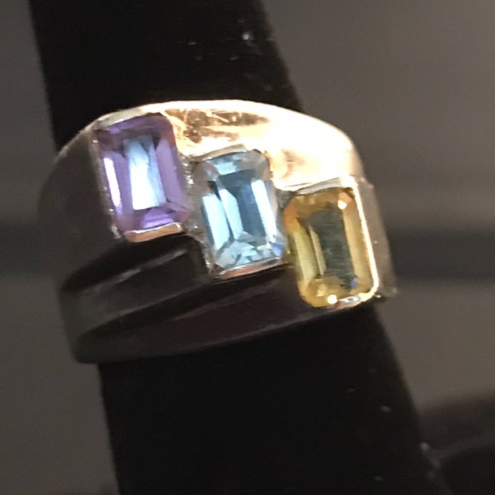 Sterling 3 Stone Ring amethyst,Citrine,Blue Topaz